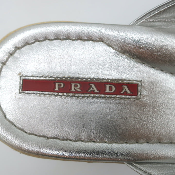Prada Platform Wedge Thong Sandals Silver Metallic Leather Size 36.5