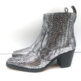 Ganni Callie Western Chelsea Boots Silver Metallic Snake-Print Leather Size 39