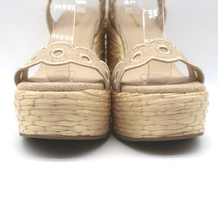 Larroude Florence Broderie Platform Wedge Sandals Beige Canvas Size 6.5 NEW