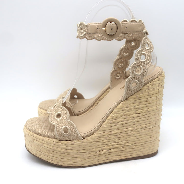 Larroude Florence Broderie Platform Wedge Sandals Beige Canvas Size 6.5 NEW