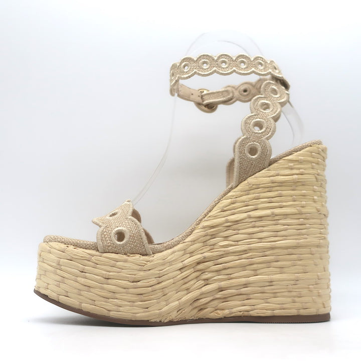 Larroude Florence Broderie Platform Wedge Sandals Beige Canvas Size 6.5 NEW