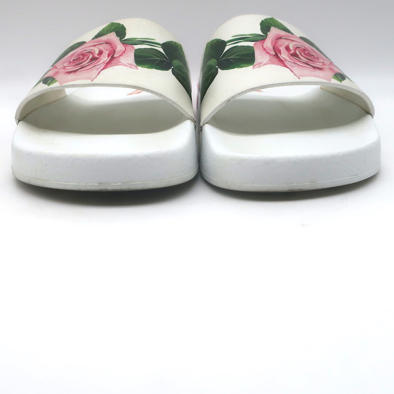 Dolce &amp; Gabbana Rose Print Pool Slides White Rubber Size 36