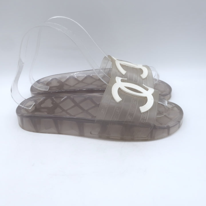 Chanel CC Jelly Pool Slide Sandals Clear Rubber Size 37