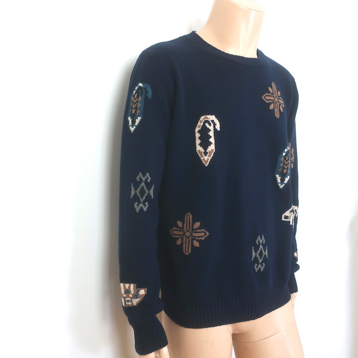 Etro Paisley Intarsia Crewneck Sweater Navy Wool-Cotton Size Extra Large