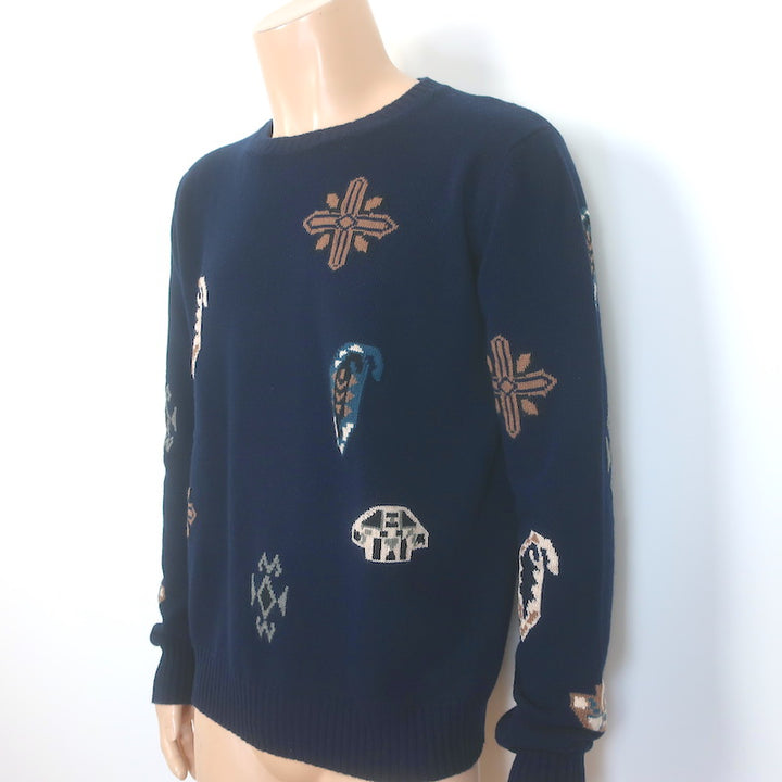 Etro Paisley Intarsia Crewneck Sweater Navy Wool-Cotton Size Extra Large