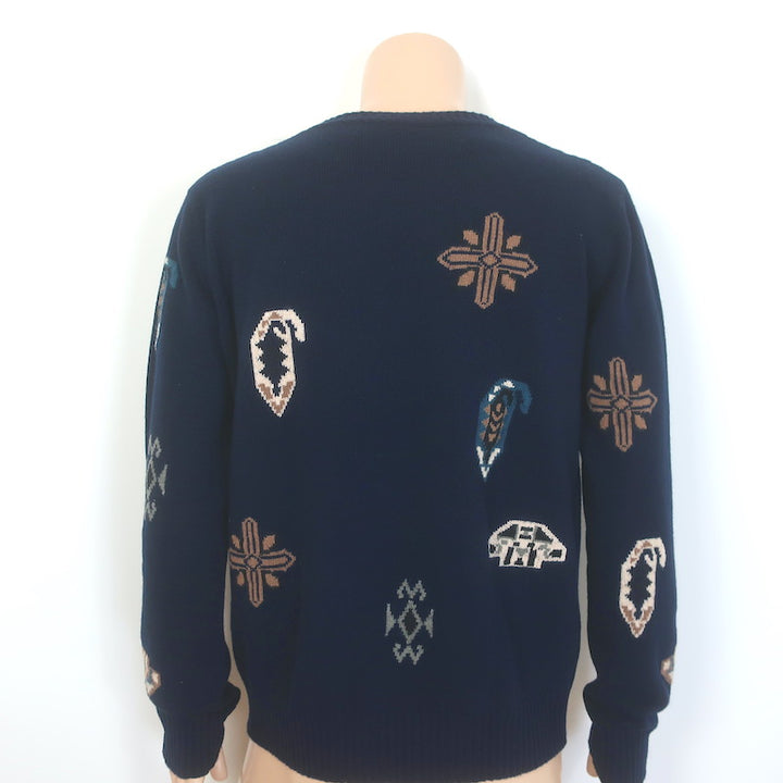 Etro Paisley Intarsia Crewneck Sweater Navy Wool-Cotton Size Extra Large