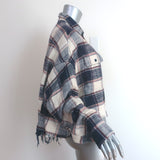 R13 Cropped Work Shirt Cream/Navy Plaid Flannel Size Small Long Sleeve Top