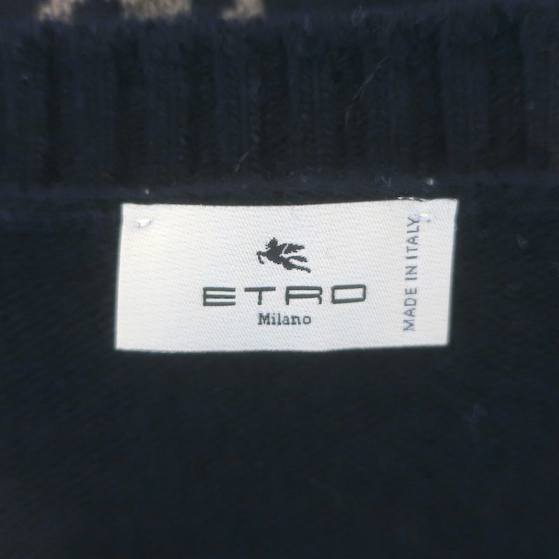 Etro Paisley Intarsia Crewneck Sweater Navy Wool-Cotton Size Extra Large