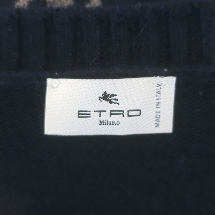 Etro Paisley Intarsia Crewneck Sweater Navy Wool-Cotton Size Extra Large