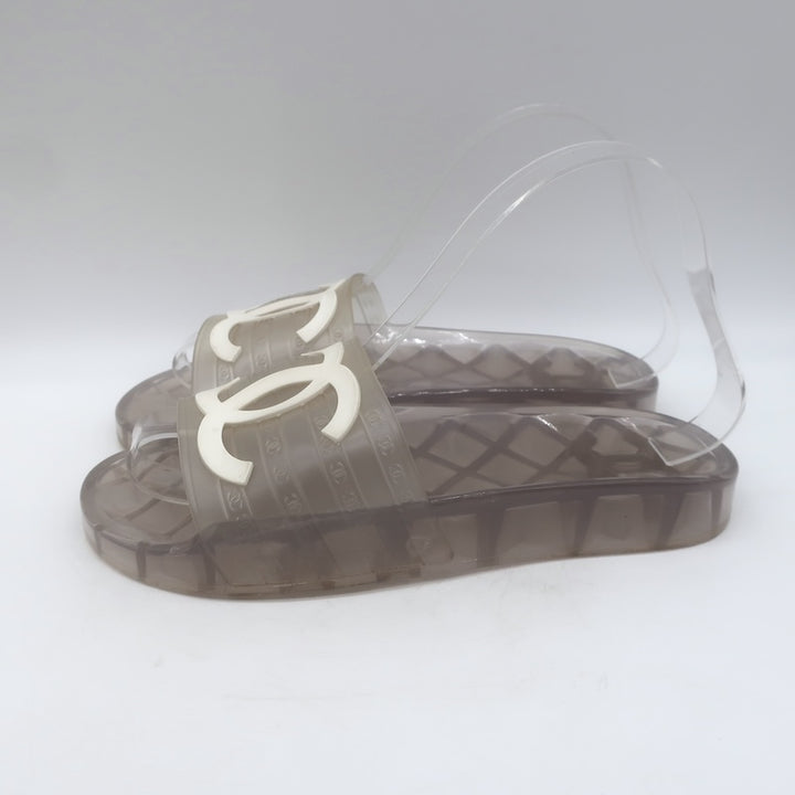 Chanel CC Jelly Pool Slide Sandals Clear Rubber Size 37