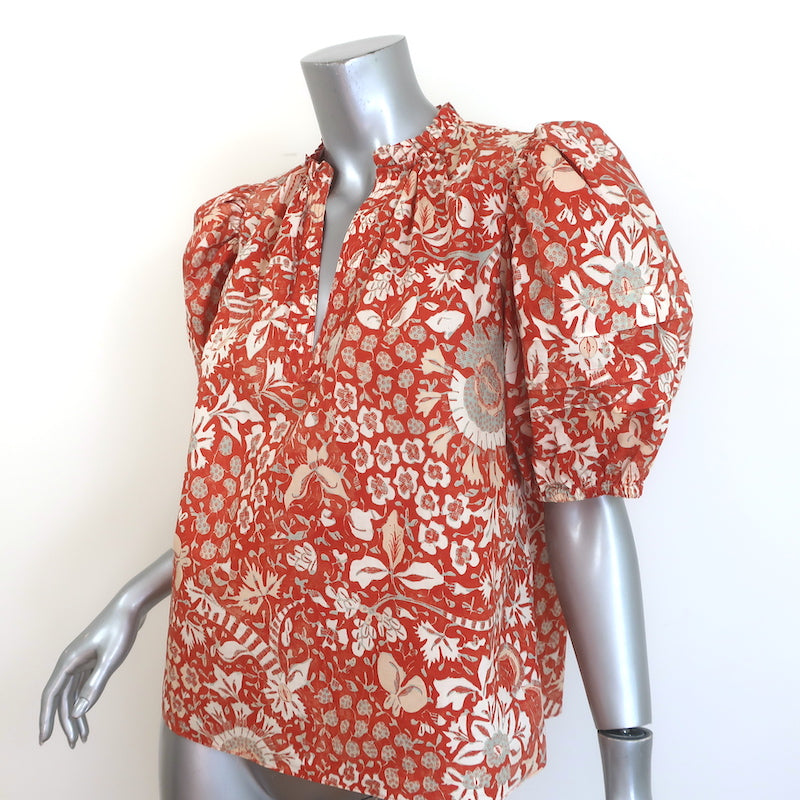 Ulla Johnson Imari Puff Sleeve Top Orange Floral Print Poplin Size 8