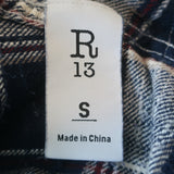 R13 Cropped Work Shirt Cream/Navy Plaid Flannel Size Small Long Sleeve Top