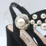 Miu Miu Pearl-Embellished Platform Sandals Black Satin Size 35 Ankle Strap Heels