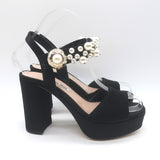 Miu Miu Pearl-Embellished Platform Sandals Black Satin Size 35 Ankle Strap Heels