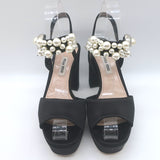 Miu Miu Pearl-Embellished Platform Sandals Black Satin Size 35 Ankle Strap Heels