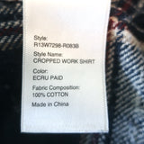 R13 Cropped Work Shirt Cream/Navy Plaid Flannel Size Small Long Sleeve Top