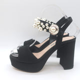 Miu Miu Pearl-Embellished Platform Sandals Black Satin Size 35 Ankle Strap Heels