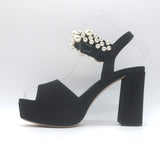 Miu Miu Pearl-Embellished Platform Sandals Black Satin Size 35 Ankle Strap Heels