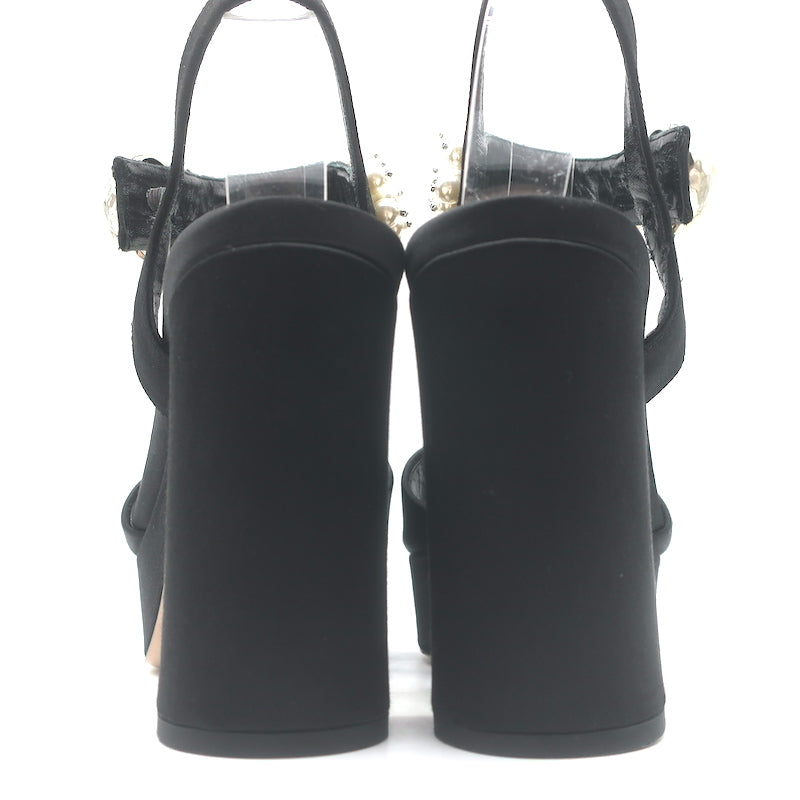 Miu Miu Pearl-Embellished Platform Sandals Black Satin Size 35 Ankle Strap Heels