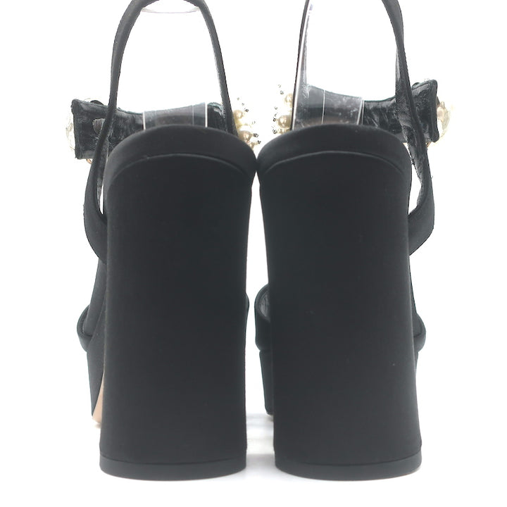 Miu Miu Pearl-Embellished Platform Sandals Black Satin Size 35 Ankle Strap Heels