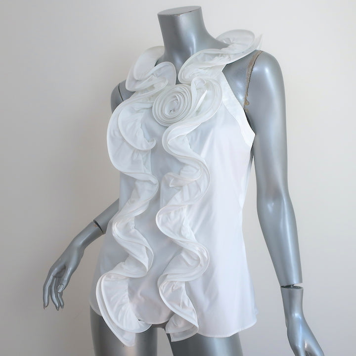 Oscar de la Renta Ruffled Rosette Top White Stretch Cotton Size 8