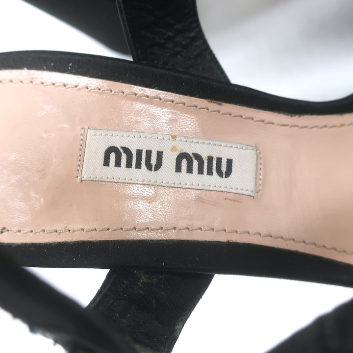 Miu Miu Pearl-Embellished Platform Sandals Black Satin Size 35 Ankle Strap Heels