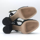 Miu Miu Pearl-Embellished Platform Sandals Black Satin Size 35 Ankle Strap Heels