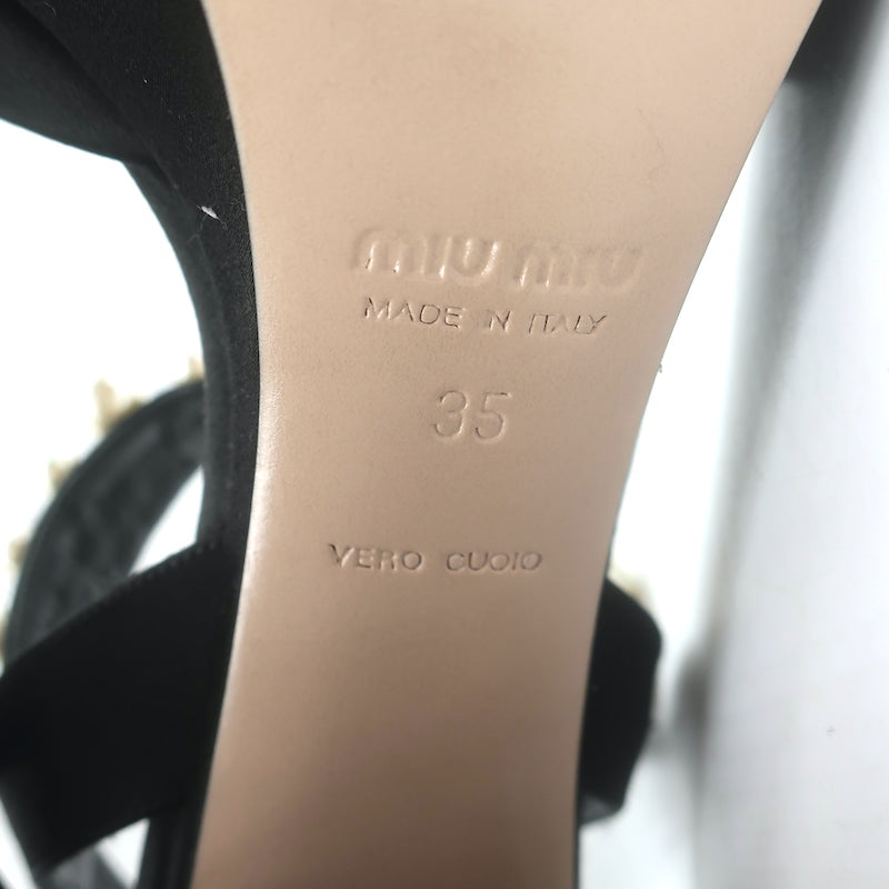 Miu Miu Pearl-Embellished Platform Sandals Black Satin Size 35 Ankle Strap Heels