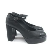 Chanel Pearl-CC Patent Cap Toe Platform Mary Jane Pumps Black Leather Size 36
