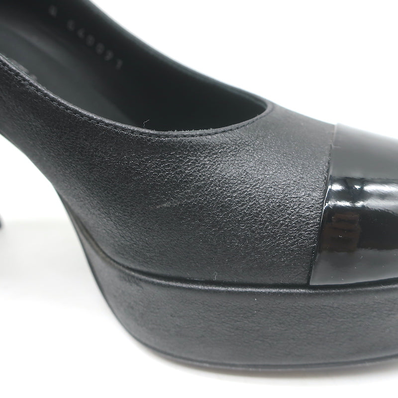 Chanel Pearl-CC Patent Cap Toe Platform Mary Jane Pumps Black Leather Size 36