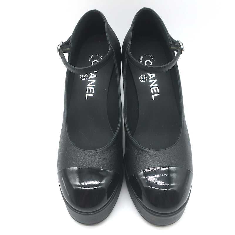 Chanel Pearl-CC Patent Cap Toe Platform Mary Jane Pumps Black Leather Size 36