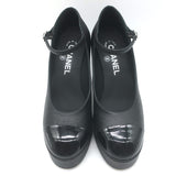 Chanel Pearl-CC Patent Cap Toe Platform Mary Jane Pumps Black Leather Size 36
