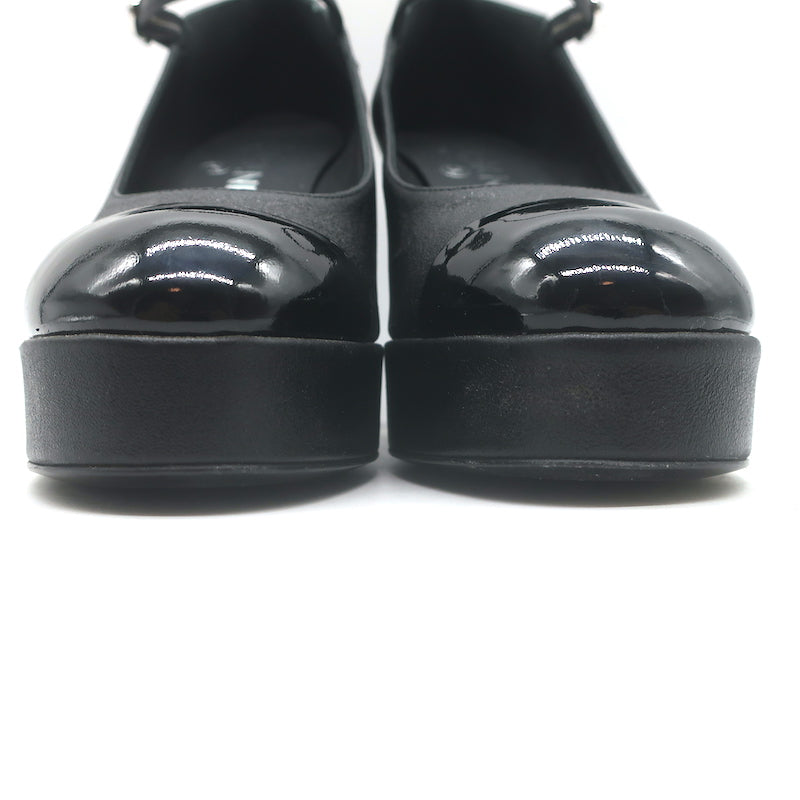 Chanel Pearl-CC Patent Cap Toe Platform Mary Jane Pumps Black Leather Size 36