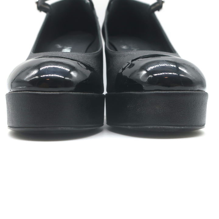 Chanel Pearl-CC Patent Cap Toe Platform Mary Jane Pumps Black Leather Size 36