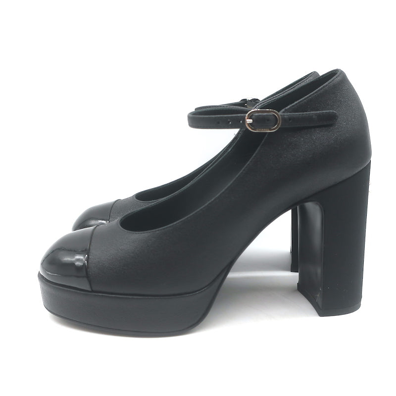 Chanel Pearl-CC Patent Cap Toe Platform Mary Jane Pumps Black Leather Size 36