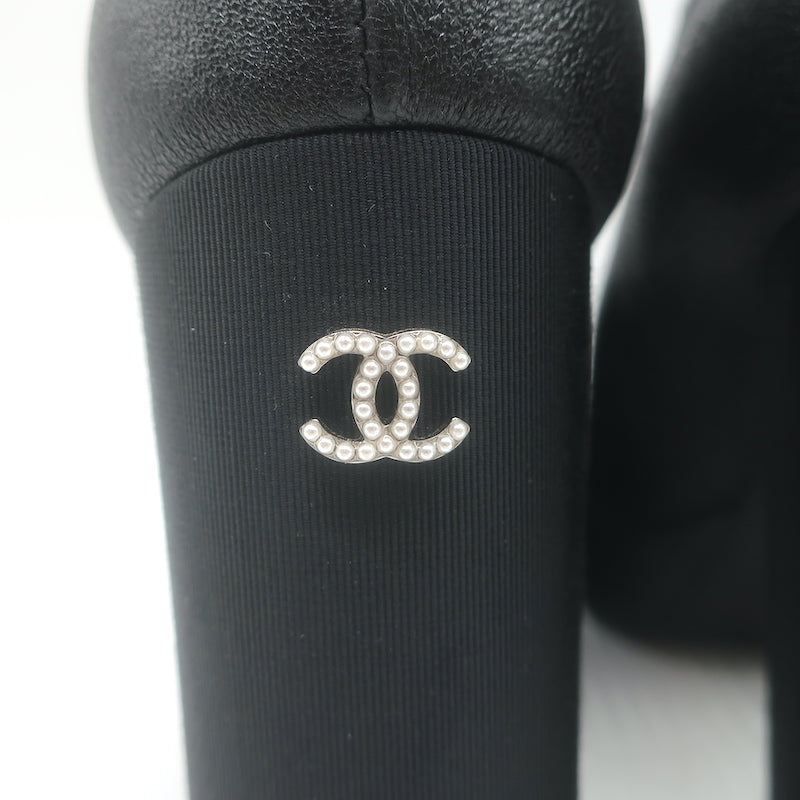 Chanel Pearl-CC Patent Cap Toe Platform Mary Jane Pumps Black Leather Size 36