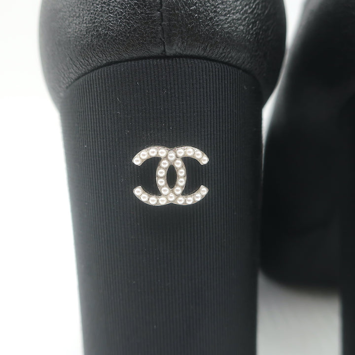 Chanel Pearl-CC Patent Cap Toe Platform Mary Jane Pumps Black Leather Size 36