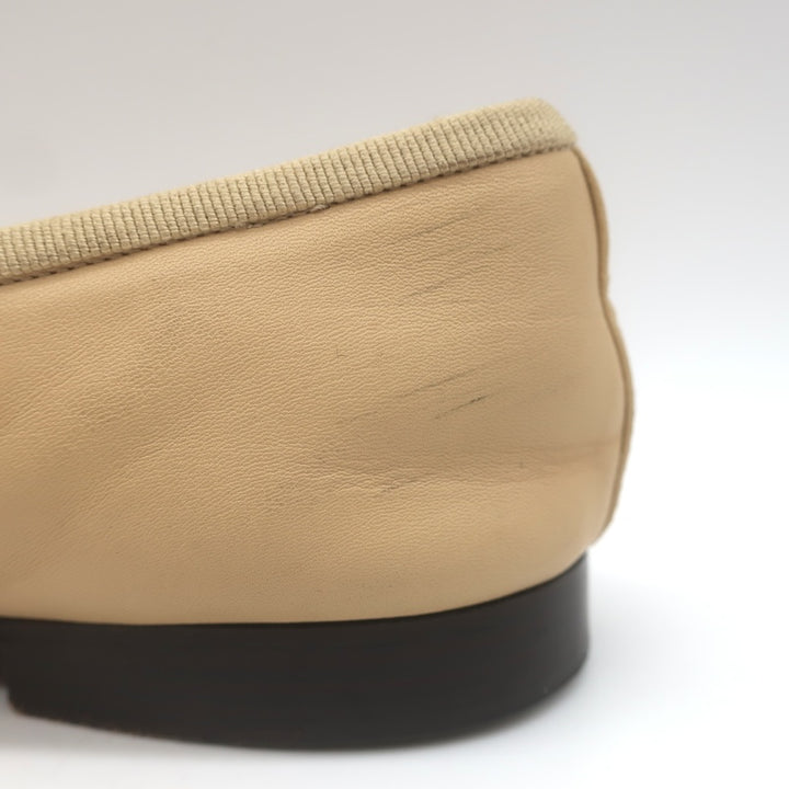 Chanel CC Cap Toe Ballet Flats Beige &amp; Black Lambskin Leather Size 38