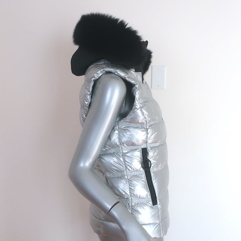 Toni Sailer Fur-Trim Hooded Down Puffer Vest Silver Size 36