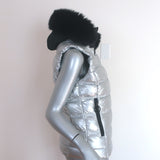 Toni Sailer Fur-Trim Hooded Down Puffer Vest Silver Size 36