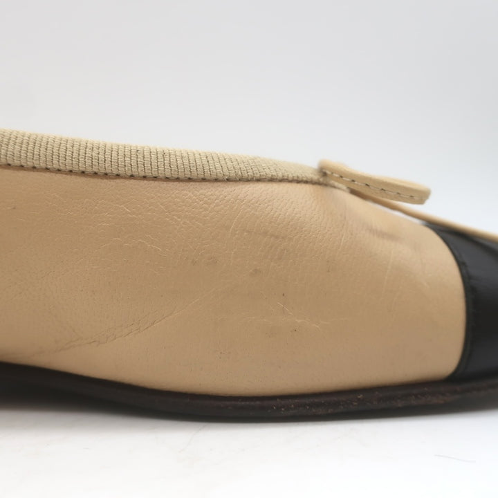 Chanel CC Cap Toe Ballet Flats Beige &amp; Black Lambskin Leather Size 38