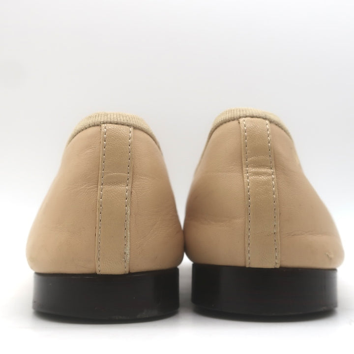 Chanel CC Cap Toe Ballet Flats Beige &amp; Black Lambskin Leather Size 38