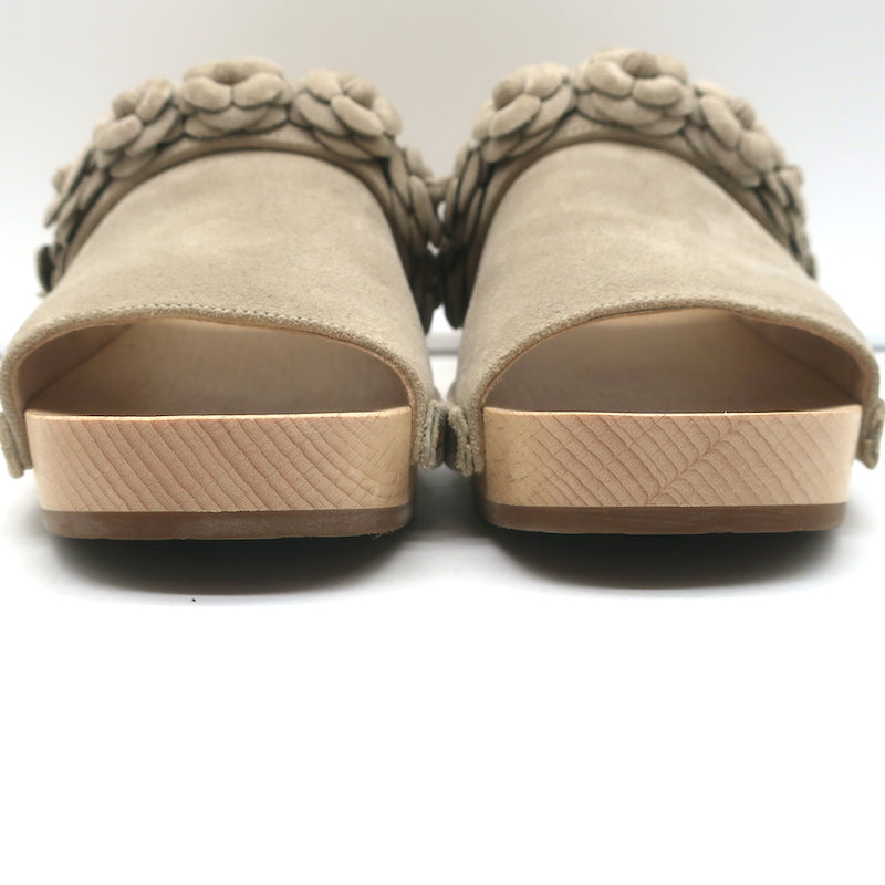 Chanel 22P Camellia Clog Sandals Beige Suede Size 38