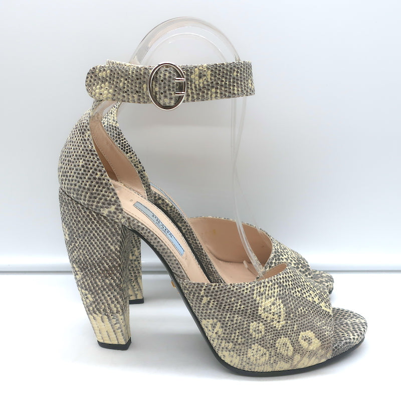 Prada Lizard Ankle Strap Platform Sandals Ivory/Gray Size 38 Open Toe Heels