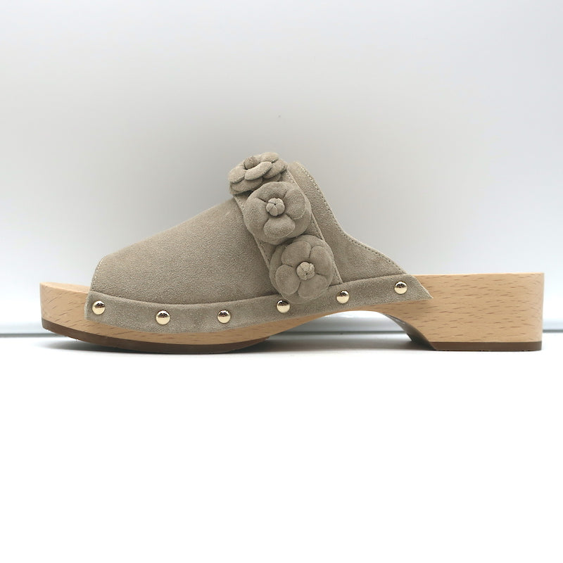 Chanel 22P Camellia Clog Sandals Beige Suede Size 38
