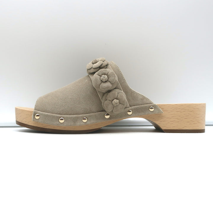 Chanel 22P Camellia Clog Sandals Beige Suede Size 38