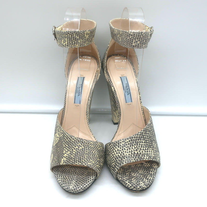 Prada Lizard Ankle Strap Platform Sandals Ivory/Gray Size 38 Open Toe Heels