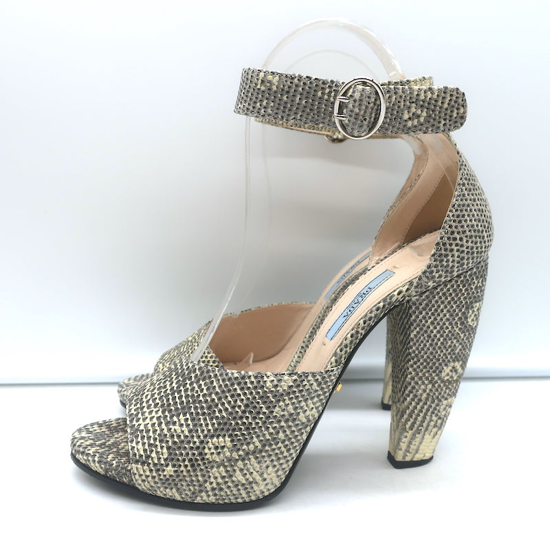 Prada Lizard Ankle Strap Platform Sandals Ivory/Gray Size 38 Open Toe Heels