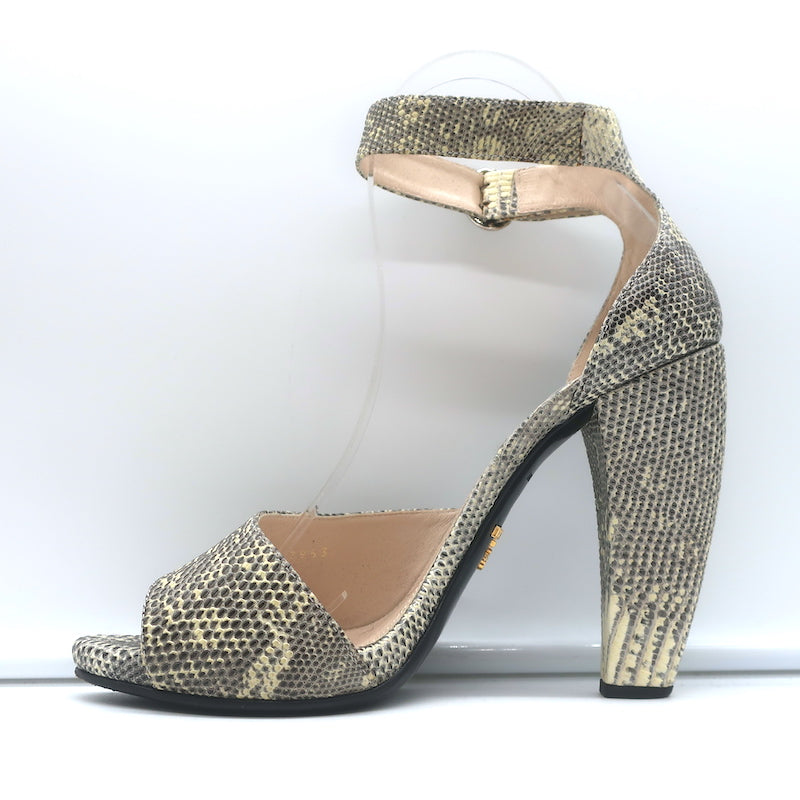 Prada Lizard Ankle Strap Platform Sandals Ivory/Gray Size 38 Open Toe Heels