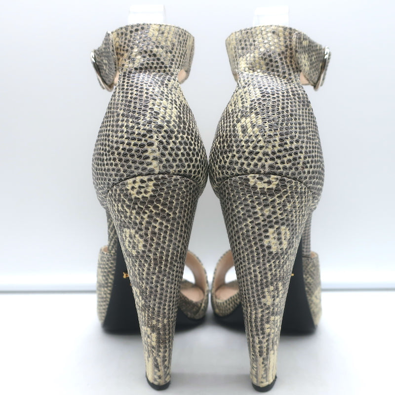Prada Lizard Ankle Strap Platform Sandals Ivory/Gray Size 38 Open Toe Heels